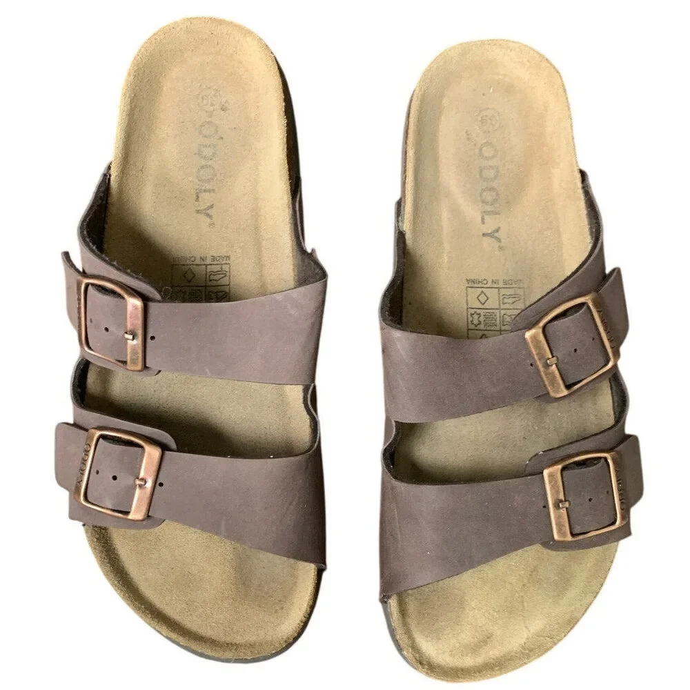 Odoly Mens Size 6.5 Womens 8.5 Brown Faux Leather Slide On Cork Sandal Shoes